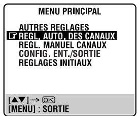 MENU PRINCIPAL AUTRES REGLAGES E REGL. AUTO. DES CANAUX REGL. MANUEL CANAUX CONFIG. ENT./SORTIE REGLAGES INITIAUX [▲▼] → ⚙ [MENU] : SORTIE