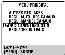 MENU PRINCIPAL AUTRES REGLAGES REGL. AUTO. DES CANAUX REGL. MANUEL CANAUX E CONFIG. ENT/SORTIE REGLAGES INITIAUX [▲▼] → OK [MENU] : SORTIE