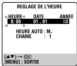 REGLAGE DE L'HEURE HEURE DATE ANNEE 0:00 01.01 03 HEURE AUTO : M. CHAINE : 1 [▲▼] → OK [MENU] : SORTIE