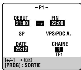 - P1 - DEBUT 21:00 → FIN SP VPS/PDC A. DATE 25:12 CHAINE TF1 [+/-] → OK [PROG] : SORTIE
