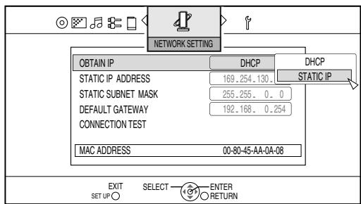 JVC NX-BD3 - Drücken Sie [▼], um „OBTAIN IP“ auszuwahlen, und drücken Sie dann [ENTER]. - 1