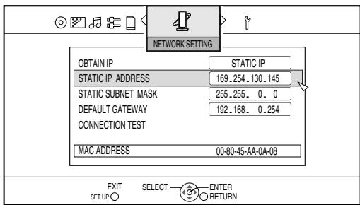 JVC NX-BD3 - Drücken Sie [▼], um „STATIC IP ADDRESS“ auszuwahlen, und drücken Sie dann [ENTER]. - 1