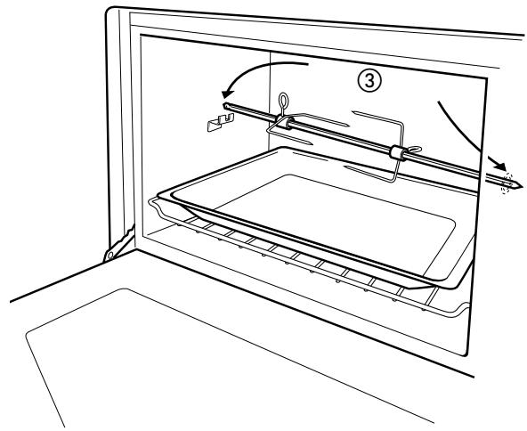 Technical diagram of an oven with labeled components and directional arrows indicating motion or movement.