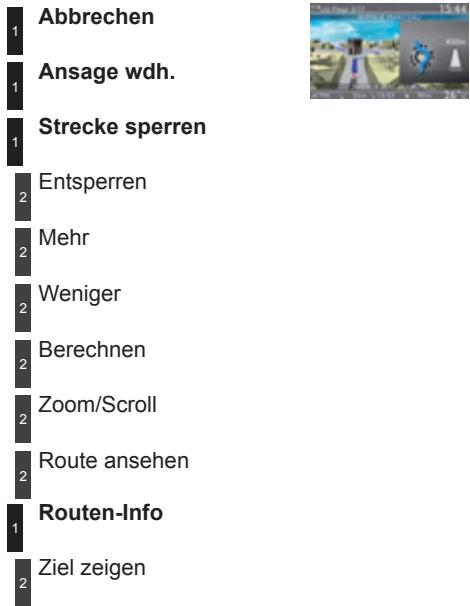 1 Abbrechen 1 Ansage wdh. 1 Strecke sperren 2 Entsperren 2 Mehr 2 Weniger 2 Berechnen 2 Zoom/Scroll 2 Route ansehen 1 Routen-Info 2 Ziel zeigen