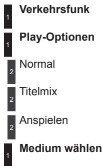 1 Verkehrsfunk 1 Play-Optionen 2 Normal 2 Titelmix 2 Anspielen 1 Medium wählen