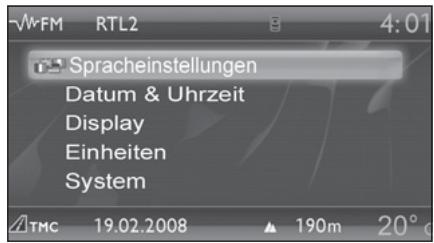 Spracheinstellungen Datum & Uhrzeit Display Einheiten System TMC 19.02.2008 190m 20°