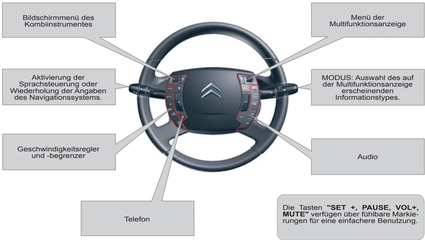 Bildschirmmenü des Kombiinstrumentes Aktivierung der Sprachsteuerung oder Wiederholung der Angaben des Navigationssystems. Geschwindigkeitsregler und -begrenzer Telefon Menü der Multifunktionsanzeige MODUS: Auswahl des auf der Multifunktionsanzeige erscheinenden Informationstyles. Audio Die Tasten "SET +, PAUSE, VOL+, MUTE" verfügen über fühlbare Markierungen für eine einfachere Benutzung.