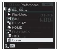 OLYMPUS DM-3,  DM-5,  DM-650,  DM-670 - Press the + or - button to select [Erase], and then press the OK or 一 button. - 2