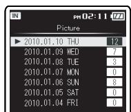 OLYMPUS DM-3, DM-5, DM-650, DM-670 - Press the ^+ or - button to select a date images were taken, and then press the 0K or I button. - 2