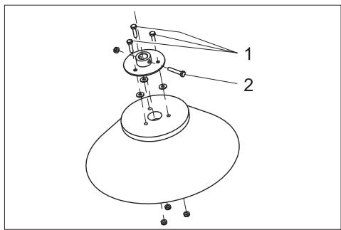 Technical diagram of a mechanical assembly with labeled parts 1 and 2