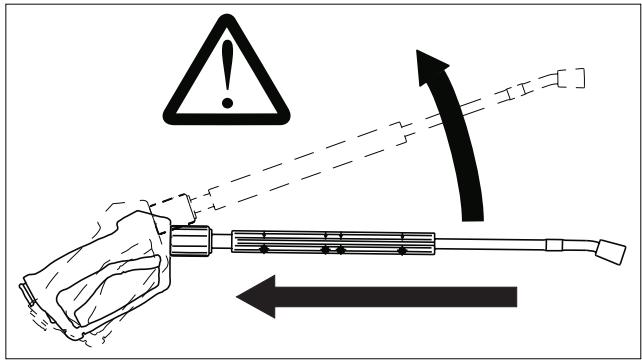 Safety warning diagram showing a device with warning symbol and directional arrows indicating safety actions.