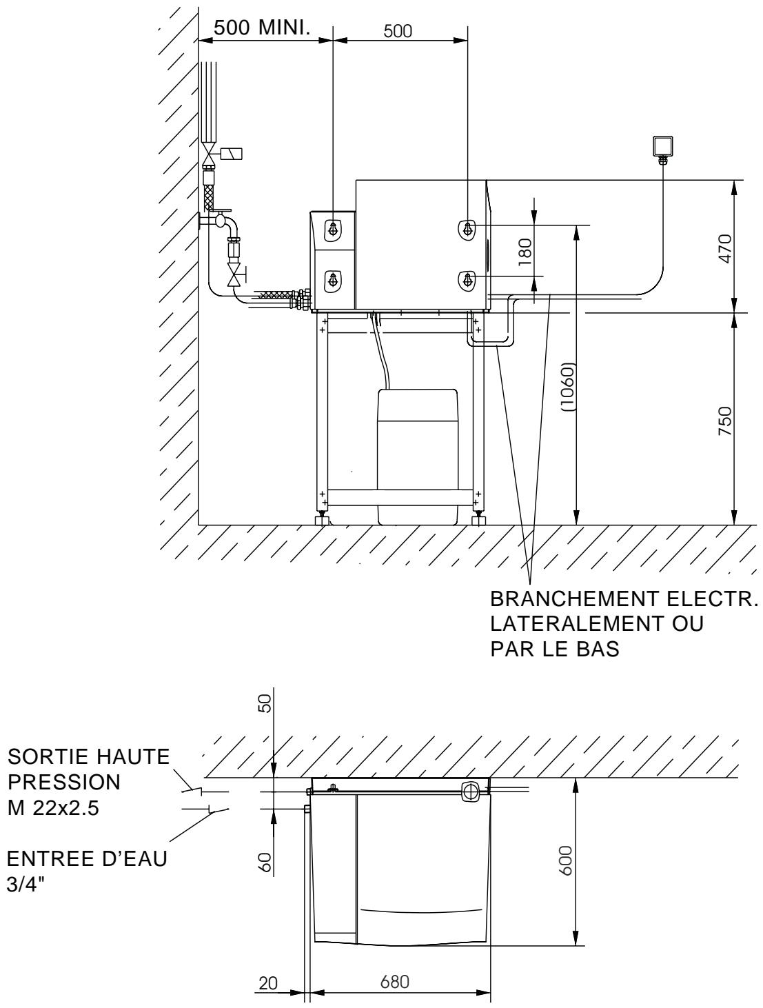 500 MINI. 500 180 (1060) 470 750 BRANCHEMENT ELECTR. LATERALEMENT OU PAR LE BAS SORTIE HAUTE PRESSION M 22x2.5 ENTREE D'EAU 3/4" 50 60 600 20 680
