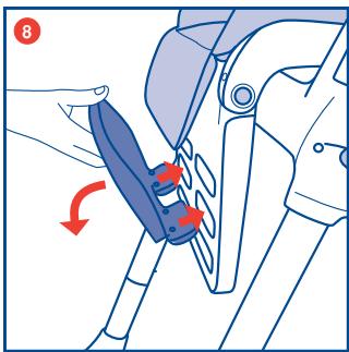 Diagram showing a hand holding a blue tool interacting with a mechanical component, with red arrows indicating rotation or movement.