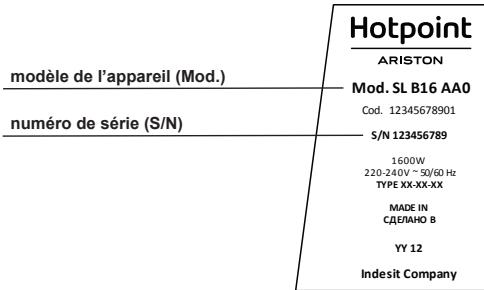 modèle de l'appareil (Mod.) numéro de série (S/N) Hotpoint ARISTON Mod. SL B16 AA0 Cod. 12345678901 S/N 123456789 1600W 220-240V ~ 50/60 Hz TYPE XX-XX-XX MADE IN СДЕЛАНО В YY 12 Indesit Company