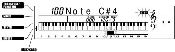 TRANSPOSE/ FUNCTION MIXER SYNTH EFFECT 100 Note C#4 CLOCK MEASURE BEAT 000 126:3 STEP 1 2 3 4 5 6 7 8 9 10 11 12 13 14 15 16 DISK/CARD
