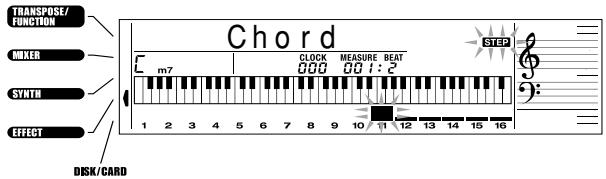 TRANSPOSE/ FUNCTION MIXER SYNTH EFFECT Chord CLOCK MEASURE BEAT 1 2 3 4 5 6 7 8 9 10 11 12 13 14 15 16 m7 000 001:2 STEP DSK/CARD