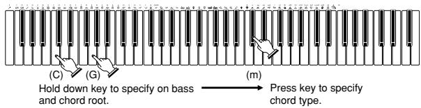 (C) (G) (m) Hold down key to specify on bass and chord root. → Press key to specify chord type.