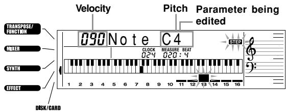 TransPOSE/ FUNCTION 090 Note C4 PIER Mixer SYNTH EFFECT DISK/CARD Velocity Pitch Parameter being edited CLOCK MEASURE BEAT 024 020:4 1 2 3 4 5 6 7 8 9 10 11 12 13 14 15 16
