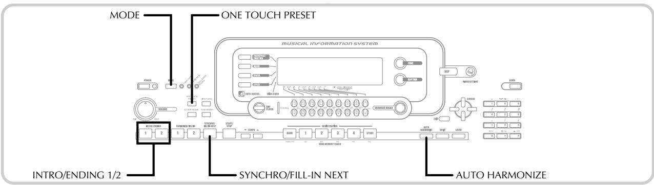 MODE ONE TOUCH PRESET MUSICAL INFORMATION SYSTEM INTRO/ENDING 1/2 SYNCHRO/FILL-IN NEXT AUTO HARMONIZE