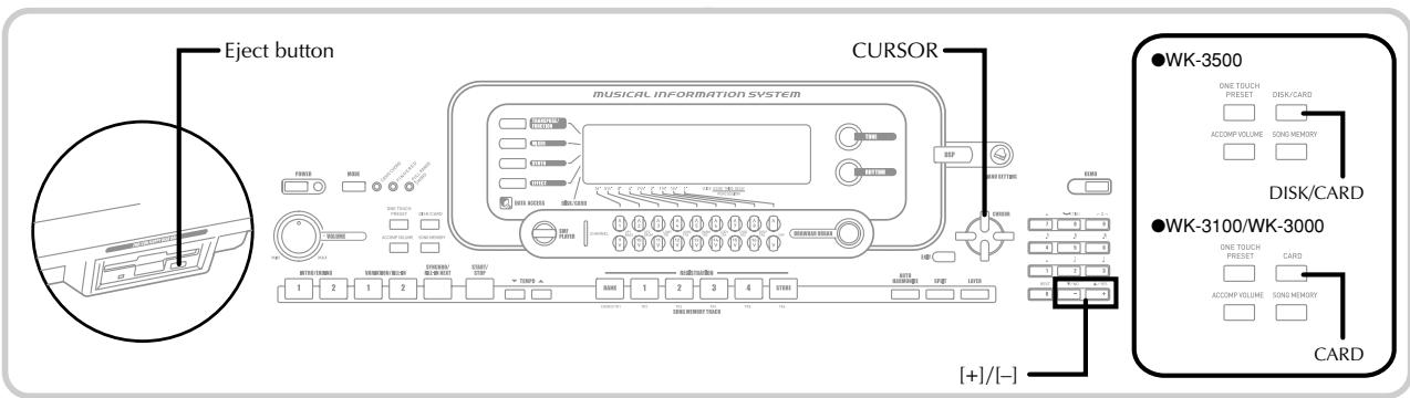 Eject button CURSOR MUSICAL INFORMATION SYSTEM ●WK-3500 ONE TOUCH PRESET DISK/CARD ACCOMP VOLUME SONG MEMORY DISK/CARD ●WK-3100/WK-3000 ONE TOUCH PRESET CARD ACCOMP VOLUME SONG MEMORY CARD [+1/[-]