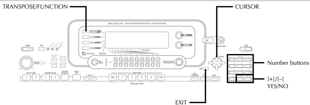 TRANSPOSE/FUNCTION MUSICAL INFORMATION SYSTEM CURSOR Number buttons [+] /[-] YES /NO EXIT