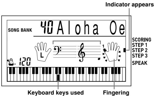 SONG BANK 40Aloha Oe Indicator appears L 9:1 120 Keyboard keys used Fingering SCORING STEP 1 STEP 2 STEP 3 SPEAK