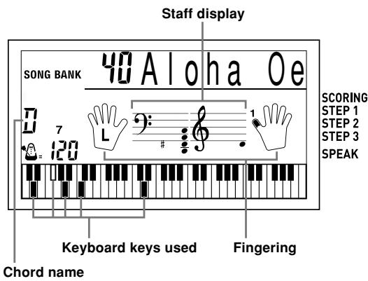 Staff display SONG BANK 40 A l o h a O e 7 120 Keyboard keys used Fingering Chord name SCORING STEP 1 STEP 2 STEP 3 SPEAK