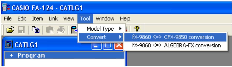 CASIO FA-124 - Converting data between fx-9860 format and ALGEBRA FX, CFX-9850, or fx-7400 Series format - 5