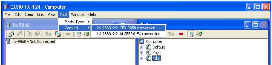 CASIO FA-124 - Converting data between fx-9860 format and ALGEBRA FX, CFX-9850, or fx-7400 Series format - 2