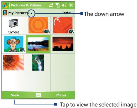 Pictures & Videos My Pictures Date The down arrow Camera View Menu Tap to view the selected image