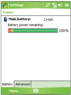 Settings Power Main battery: Li-ion Battery power remaining: 100% Battery Advanced Menu