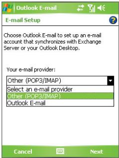 Outlook E-mail E-mail Setup Choose Outlook E-mail to set up an e-mail account that synchronizes with Exchange Server or your Outlook Desktop. Your e-mail provider: Other (POP3/IMAP) Select an e-mail provider Other (POP3/IMAP) Outlook E-mail Cancel Next