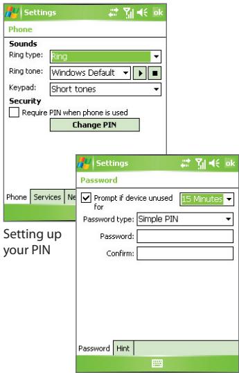 Settings Phone Sounds Ring type: Ring Ring tone: Windows Default Keypad: Short tones Security Require PIN when phone is used Change PIN Settings Password Prompt if device unused 15 Minutes Password type: Simple PIN Password: Confirm: Password Hint