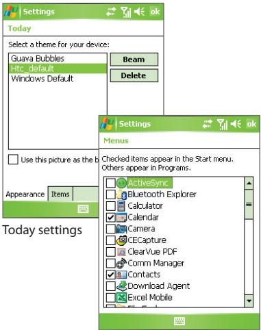 Settings Today Select a theme for your device: Guava Bubbles Htc default Windows Default Beam Delete Use this picture as the b Appearance Items Settings Menus Checked items appear in the Start menu. Others appear in Programs. ActiveSync Bluetooth Explorer Calculator Calendar Camera CECapture ClearVue PDF Comm Manager Contacts Download Agent Excel Mobile
