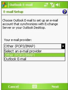 Outlook E-mail E-mail Setup Choose Outlook E-mail to set up an e-mail account that synchronizes with Exchange Server or your Outlook Desktop. Your e-mail provider: Other (POP3/IMAP) Select an e-mail provider Other (POP3/IMAP1) Outlook E-mail Cancel Next