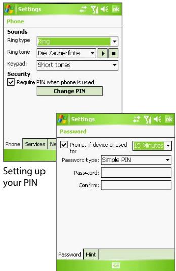 Settings Phone Sounds Ring type: Ring Ring tone: Die Zauberflote Keypad: Short tones Security Require PIN when phone is used Change PIN Phone Services Ne Password Prompt if device unused 15 Minutes for Password type: Simple PIN Password: Confirm: Password Hint