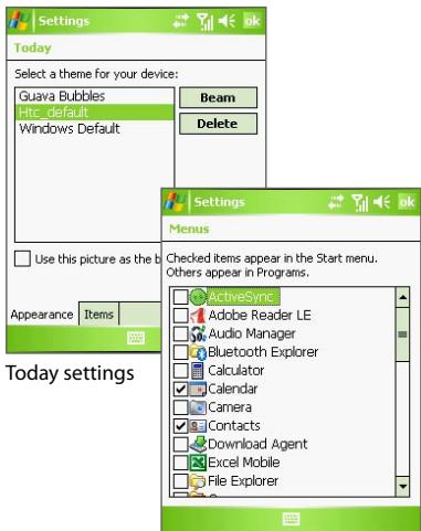 Settings Today Select a theme for your device: Guava Bubbles HTC Default Windows Default Beam Delete Use this picture as the b Appearance Items Settings Menus Checked items appear in the Start menu. Others appear in Programs. ActiveSync Adobe Reader LE Audio Manager Bluetooth Explorer Calculator Calendar Camera Contacts Download Agent Excel Mobile File Explorer Today settings