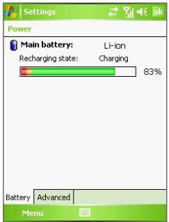 Settings Power Main battery: Li-ion Recharging state: Charging 83% Battery Advanced Menu