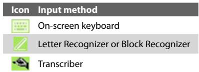 Icon Input method On-screen keyboard Letter Recognizer or Block Recognizer Transcriber