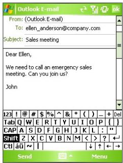 From: (Outlook E-mail) To: ellen_anderson@company.com Subject: Sales meeting Dear Ellen, We need to call an emergency sales meeting. Can you join us? John 123 ! @ # $ % ^ & * ( ) _ + Del Tab Q W E R T Y U I O P { } CAP A S D F G H J K L : " Shift Z X C V B N M < > ? Ctrl âû ~ I Send ▶ Menu