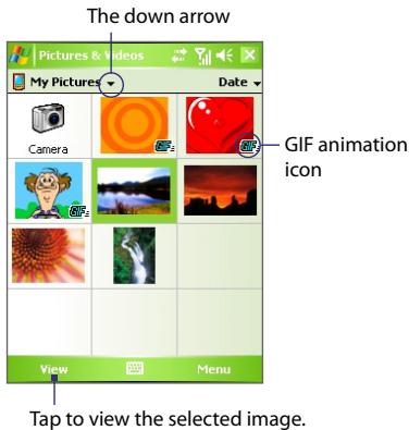 The down arrow Pictures & Videos My Pictures Date Camera GIF animation icon View Menu Tap to view the selected image.