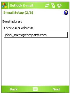 Outlook E-mail E-mail Setup (2/6) E-mail address Enter e-mail address: john_smith@company.com Back Next