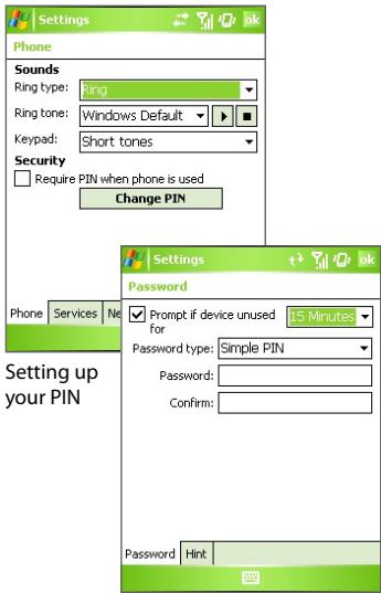 Settings Phone Sounds Ring type: Ring Ring tone: Windows Default Keypad: Short tones Security Require PIN when phone is used Change PIN Settings Password Prompt if device unused 15 Minutes Password type: Simple PIN Password: Confirm: Password Hint: