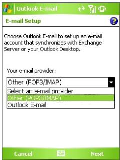 Outlook E-mail E-mail Setup Choose Outlook E-mail to set up an e-mail account that synchronizes with Exchange Server or your Outlook Desktop. Your e-mail provider: Other (POP3/IMAP) Select an e-mail provider Other (POP3/IMAP1) Outlook E-mail Cancel Next