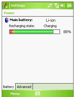 Settings Power Main battery: Li-ion Recharging state: Charging 88% Battery Advanced Menu