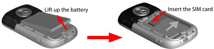 Lift up the battery Insert the SIM card