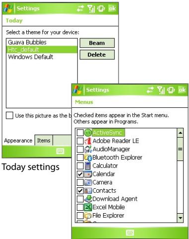 Settings Today Select a theme for your device: Guava Bubbles Info Default Windows Default Beam Delete Use this picture as the b Appearance Items Settings Menus Checked items appear in the Start menu. Others appear in Programs. ActiveSync Adobe Reader LE AudioManager Bluetooth Explorer Calculator Calendar Camera Contacts Download Agent Excel Mobile File Explorer Today settings