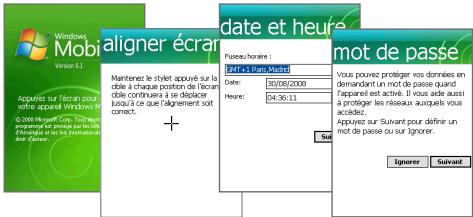 Windows Mobaligner écran Date et heure Mantenze le stylet appoué sur la cible à chaque position de l'écar cible continuous à se déplacer jous à ce que l'alignement soit connect. + Pouvo/ouvrance : DATE: 06/08/2008 Heurin: 04:36:11 Sir Vous pouvez protéger vos données en demandant un mot de passe quand apparaient est activé. Il vous aide aussi à protéger les rereaux auxquels vous acclées. Appuyez sur Suivant pour définie un mot de passe ou sur Ignorer. Ignérer Suivant