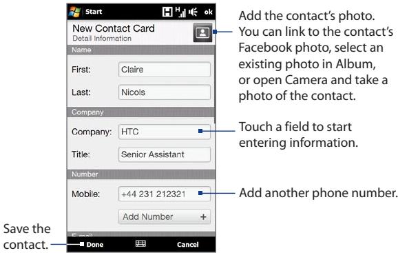 HTC TOUCH PRO 2 - To create a new contact - 1