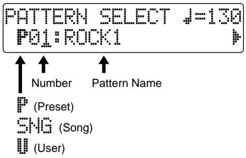 PATTERN SELECT J=130 P01:ROCK1 Number Pattern Name P (Preset) SNG (Song) U (User)